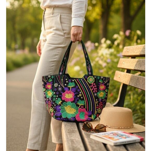 Handbags - Embroidered Shoulder Tote Bag Black Floral
